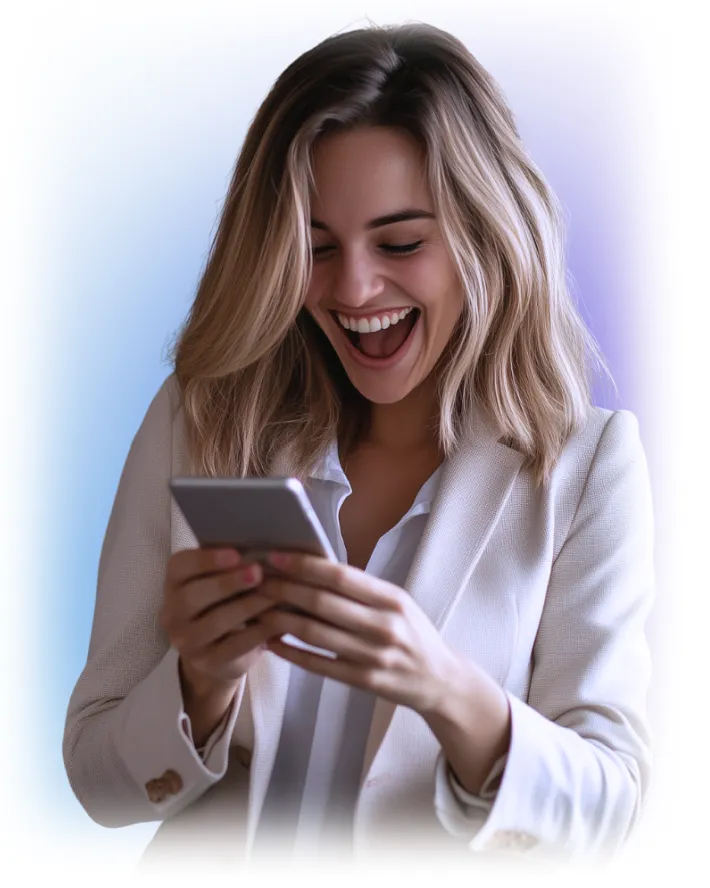 A happy client looking into their phone at the results