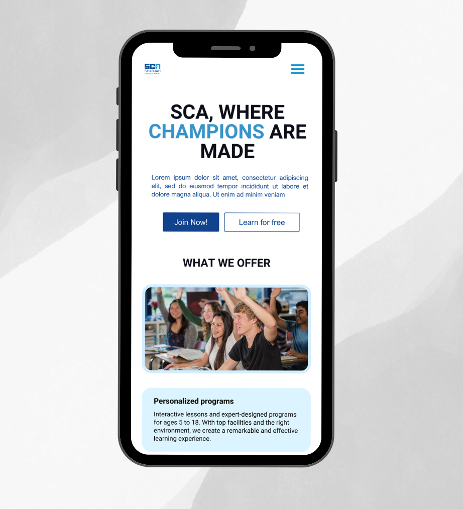 Sharjah Chess Academy landing page prototype shown on a phone